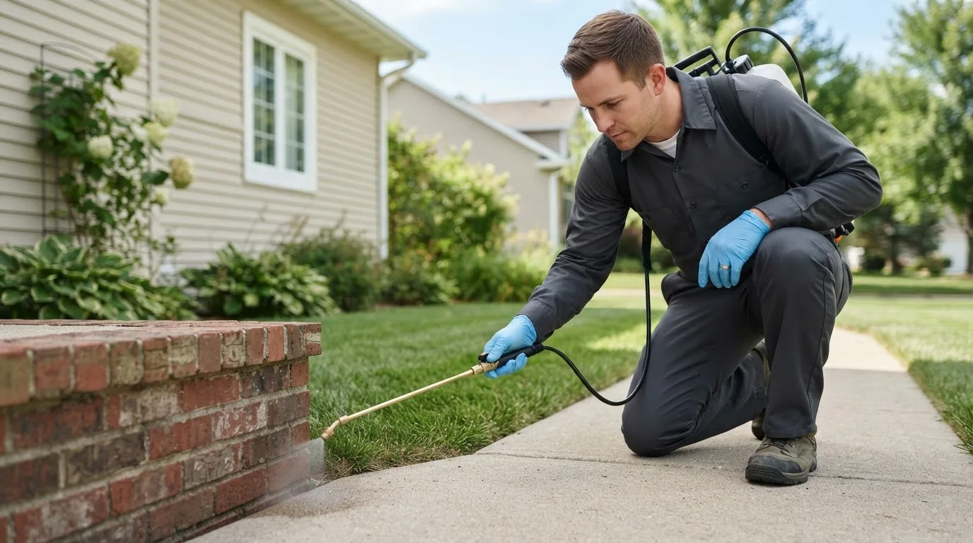 Pest control technician treating a home near Endicott, NE